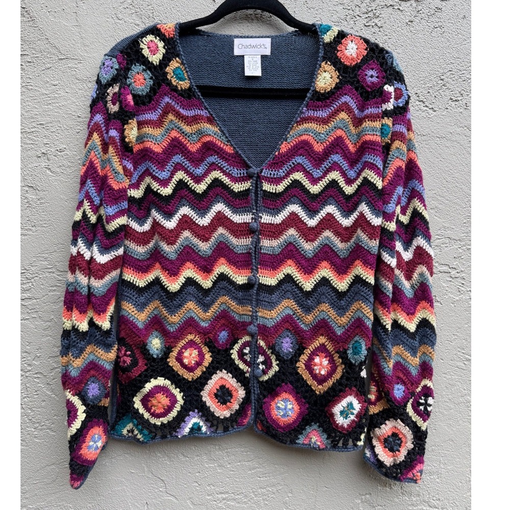 Vintage Chadwicks Womens Black Multicolor Crochet Zigzag Cardigan Sweater SMALL - Picture 2 of 8